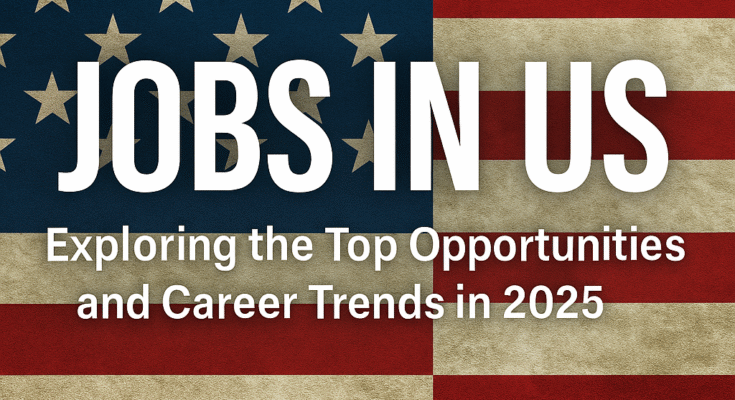 Professional digital illustration representing diverse career opportunities in the US job market for 2025, including healthcare, tech, and remote work.