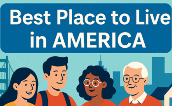Colorful digital illustration depicting various top cities in America, representing ideal places to live in 2025 with icons of housing, nature, and lifestyle.