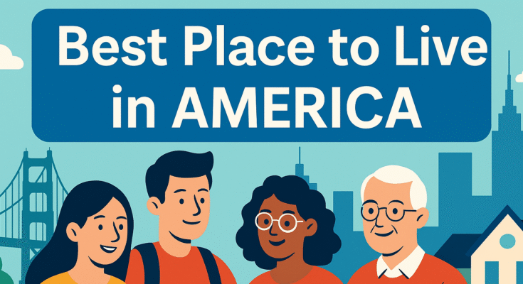 Colorful digital illustration depicting various top cities in America, representing ideal places to live in 2025 with icons of housing, nature, and lifestyle.