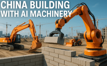 AI-powered construction site in China with robotic machinery and smart excavators