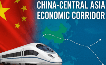 China-Central Asia Economic Corridor Digital illustration showing China's Belt and Road trade route connecting Central Asia via railways, pipelines, and digital infrastructure