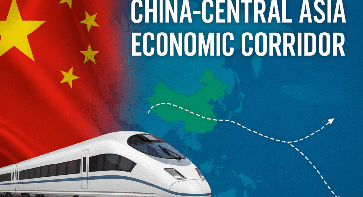 China-Central Asia Economic Corridor Digital illustration showing China's Belt and Road trade route connecting Central Asia via railways, pipelines, and digital infrastructure