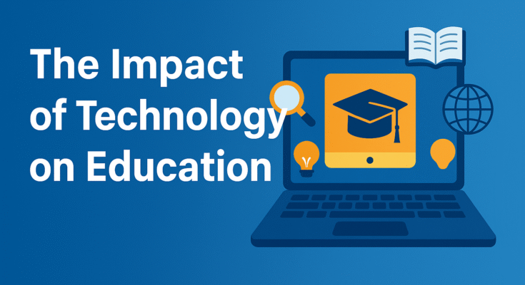 The Impact of Technology on Education A student using a tablet and laptop simultaneously, surrounded by digital icons representing online learning, virtual classrooms, and educational apps.