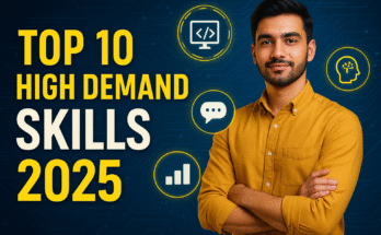 Young professional man in mustard shirt with " High Demand Skills to Learn in 2025 " text and futuristic tech icons in background.
