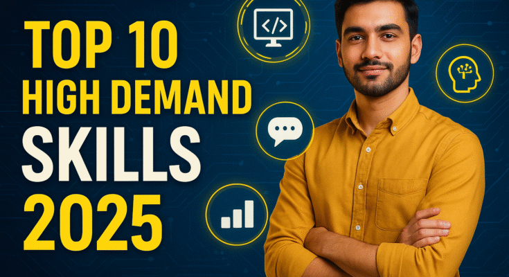 Young professional man in mustard shirt with " High Demand Skills to Learn in 2025 " text and futuristic tech icons in background.