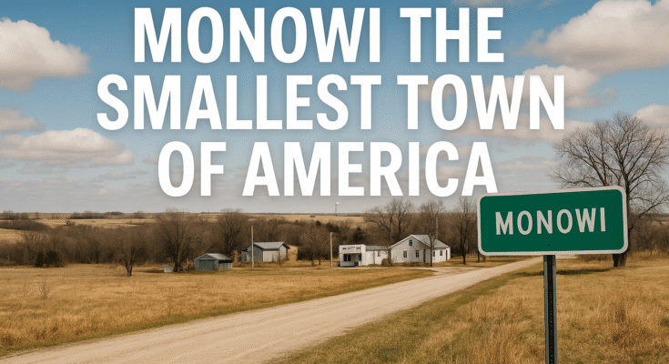 A scenic daytime view of Monowi, the smallest town of America, showing the rural landscape, a road sign, and the historic Monowi Tavern.