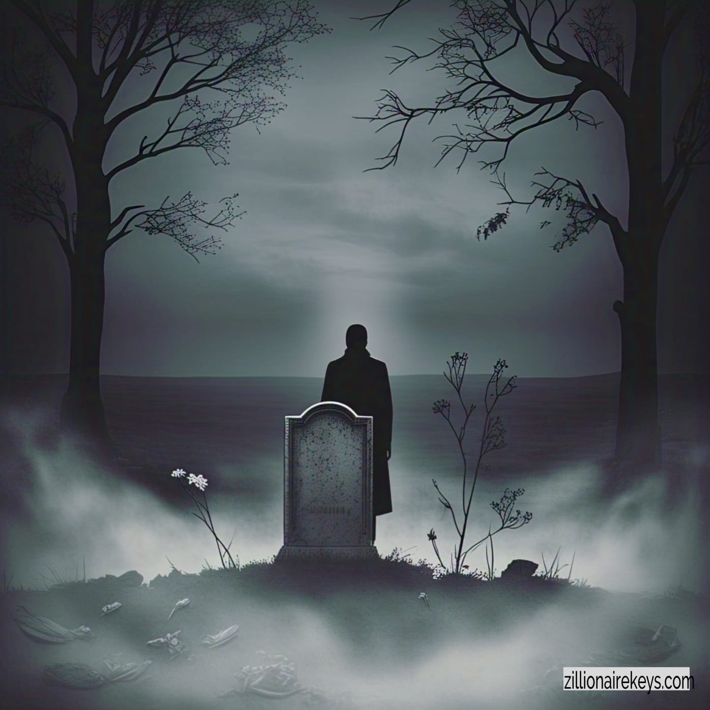 A soul standing in a graveyard near a grave at night, symbolizing the journey beyond the grave.